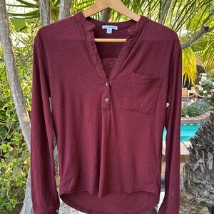 Standard JAMES PERSE Women's V-Neck Henley Cotton/Viscose Size 1 Burgandy Top
